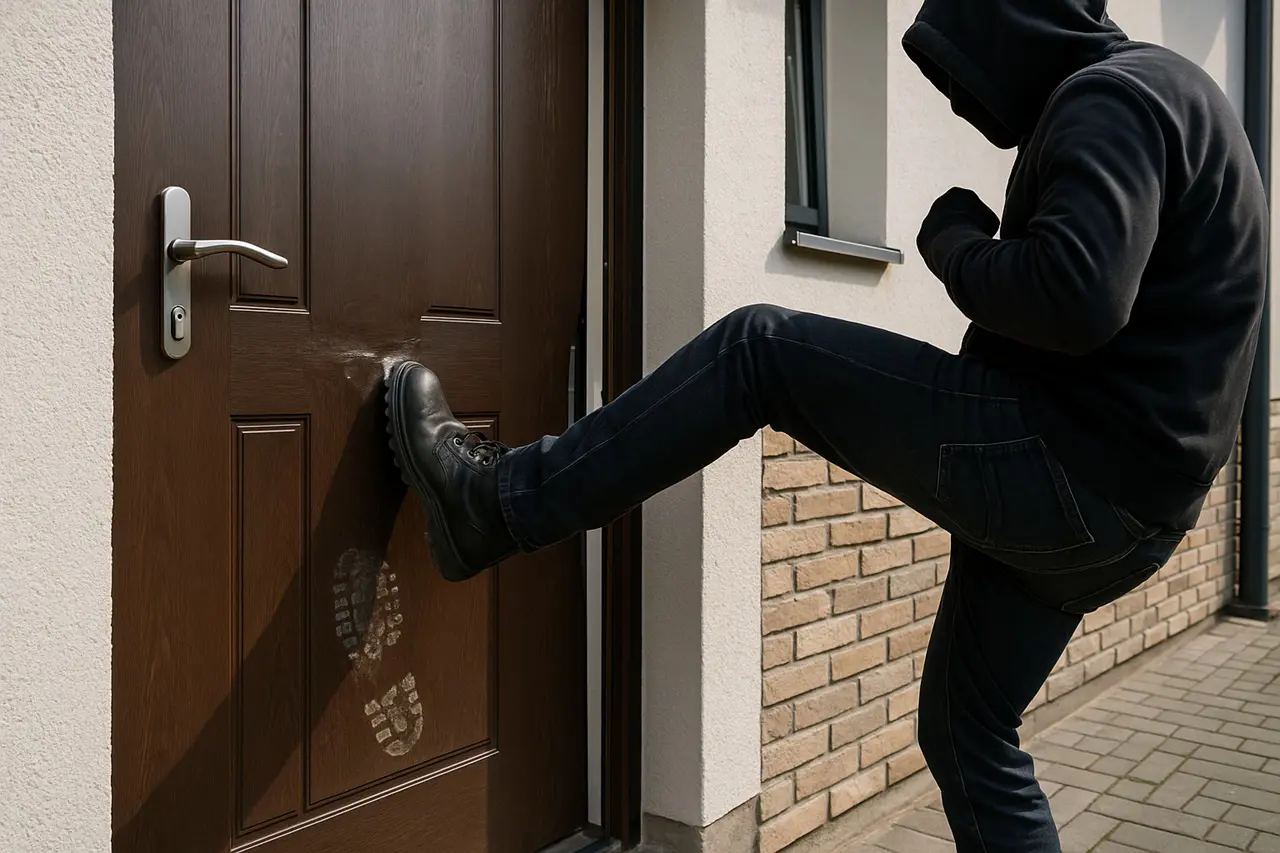 Próba włamania przez nowoczesne drzwi wejściowe test buta